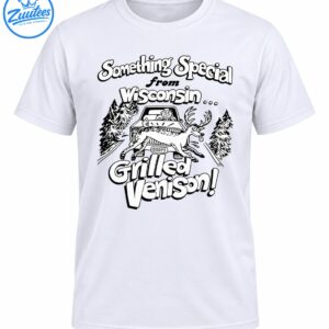 Black and white Wisconsin cartoon shirt design with a leaping deer, vintage car, pine trees, and Grilled Venison lettering