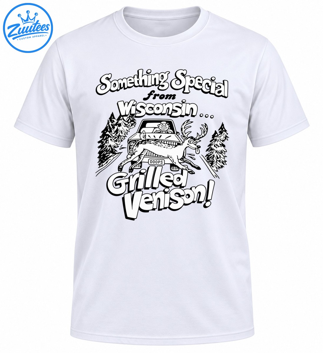 Black and white Wisconsin cartoon shirt design with a leaping deer, vintage car, pine trees, and Grilled Venison lettering Black and white Wisconsin cartoon shirt design with a leaping deer, vintage car, pine trees, and Grilled Venison lettering
