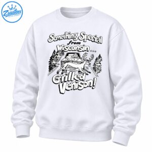 Black and white Wisconsin cartoon shirt design with a leaping deer, vintage car, pine trees, and Grilled Venison lettering