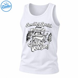 Black and white Wisconsin cartoon shirt design with a leaping deer, vintage car, pine trees, and Grilled Venison lettering