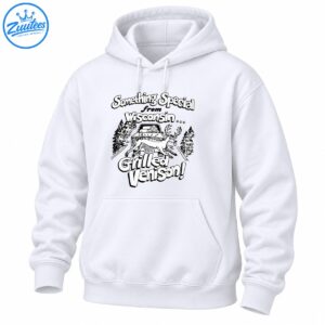 Black and white Wisconsin cartoon shirt design with a leaping deer, vintage car, pine trees, and Grilled Venison lettering