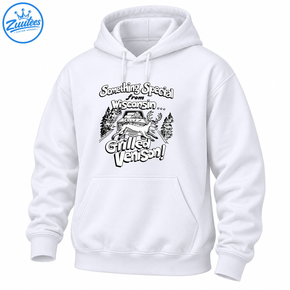 Black and white Wisconsin cartoon shirt design with a leaping deer, vintage car, pine trees, and Grilled Venison lettering Black and white Wisconsin cartoon shirt design with a leaping deer, vintage car, pine trees, and Grilled Venison lettering