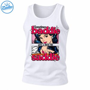 Sometimes a Baddie Gets a Little Bit Saddie shirt design with pink lettering and a blue-haired crying woman in retro comic panels