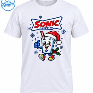 Christmas mascot graphic with a smiling soda cup wearing a Santa hat, colorful sneakers, snowflakes, holly, and SONIC DRIVE-IN lettering