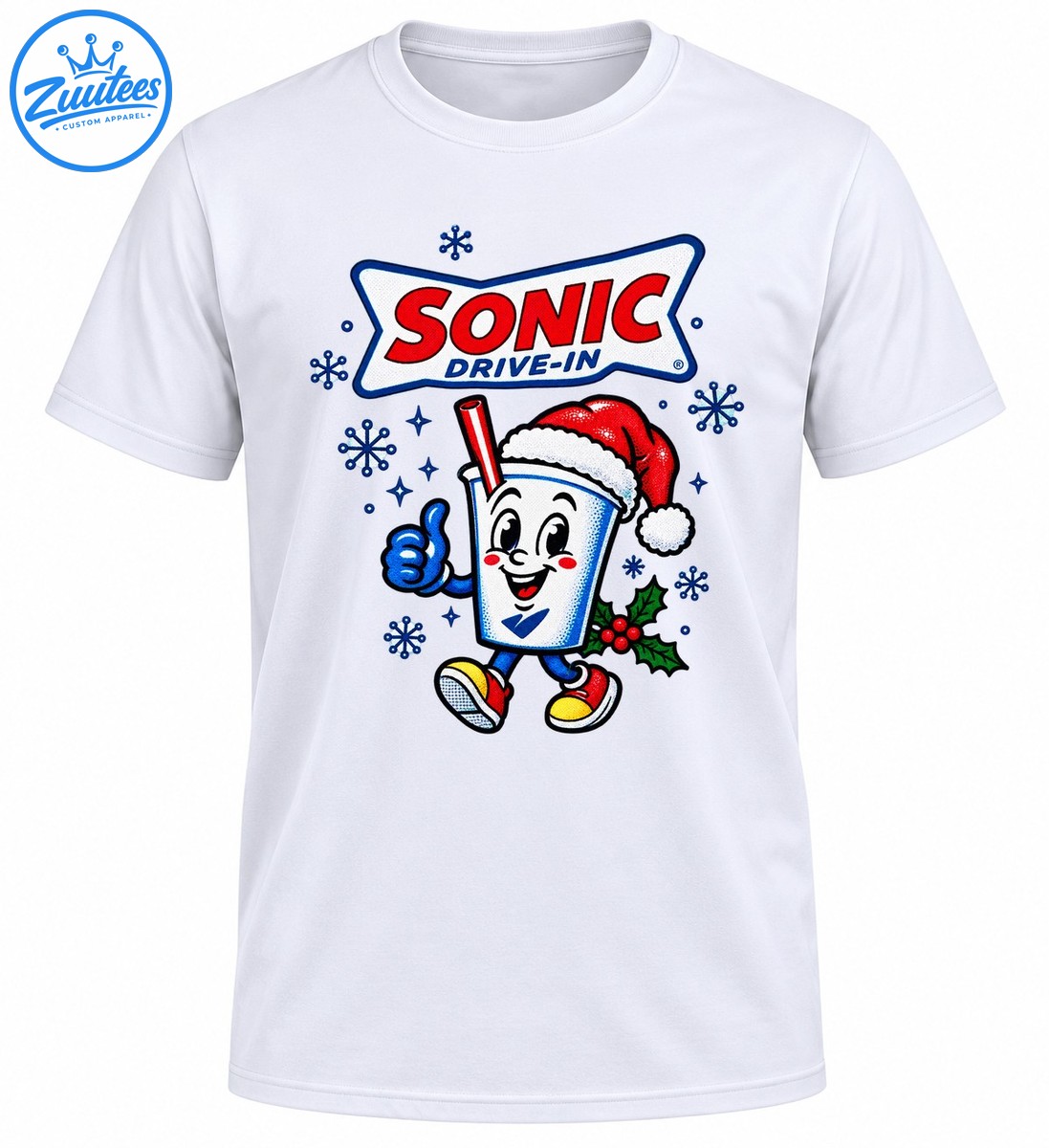 Christmas mascot graphic with a smiling soda cup wearing a Santa hat, colorful sneakers, snowflakes, holly, and SONIC DRIVE IN lettering Christmas mascot graphic with a smiling soda cup wearing a Santa hat, colorful sneakers, snowflakes, holly, and SONIC DRIVE-IN lettering