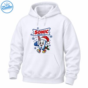 Christmas mascot graphic with a smiling soda cup wearing a Santa hat, colorful sneakers, snowflakes, holly, and SONIC DRIVE-IN lettering