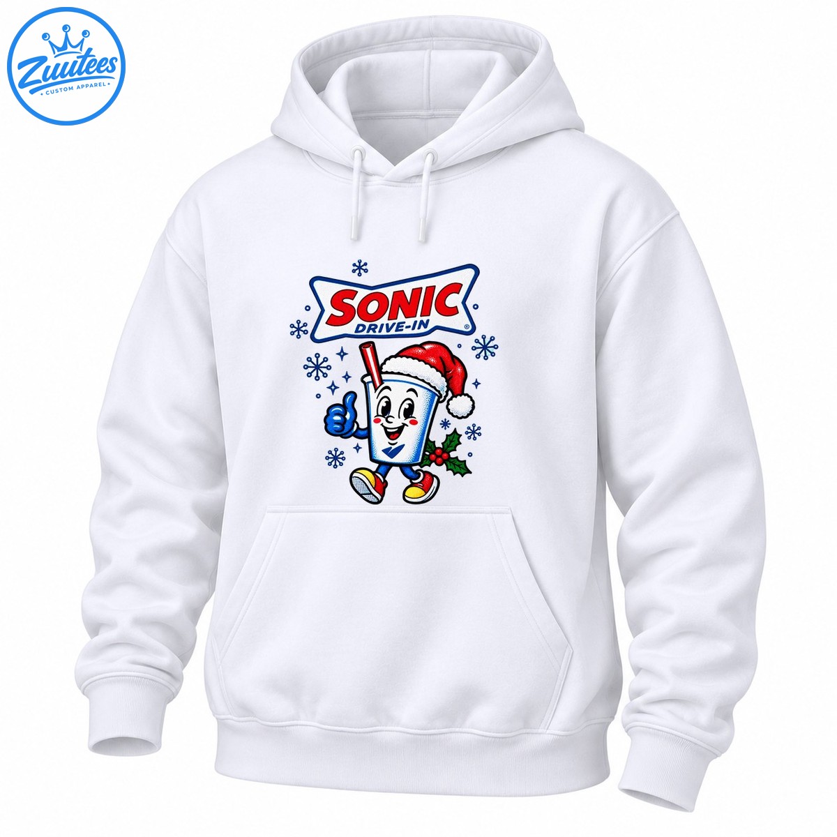 Christmas mascot graphic with a smiling soda cup wearing a Santa hat, colorful sneakers, snowflakes, holly, and SONIC DRIVE IN lettering Christmas mascot graphic with a smiling soda cup wearing a Santa hat, colorful sneakers, snowflakes, holly, and SONIC DRIVE-IN lettering