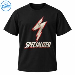 Distressed cream lightning bolt with red and black accents above bold SPECIALIZED lettering