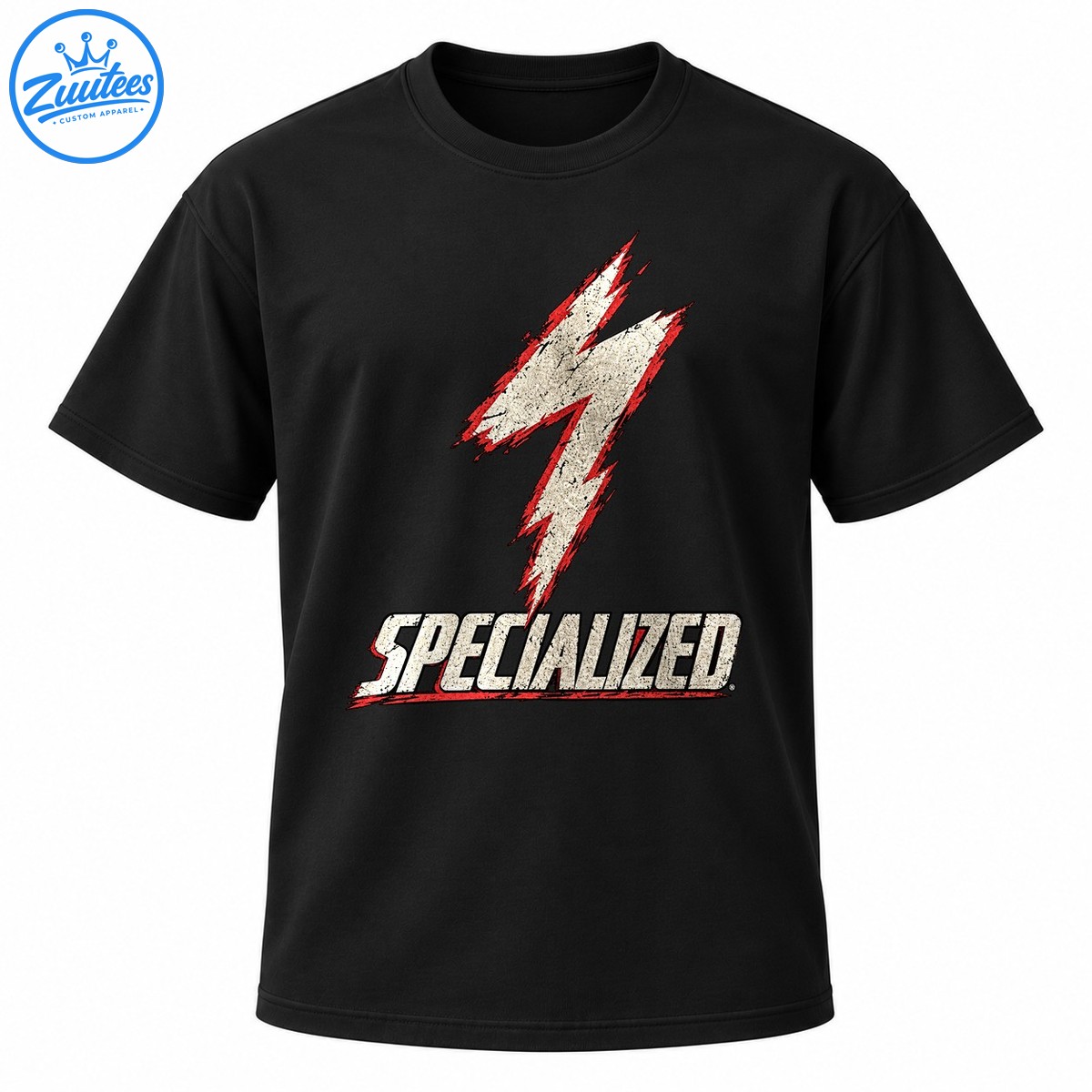Distressed cream lightning bolt with red and black accents above bold SPECIALIZED lettering Distressed cream lightning bolt with red and black accents above bold SPECIALIZED lettering