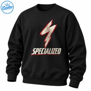 Distressed cream lightning bolt with red and black accents above bold SPECIALIZED lettering