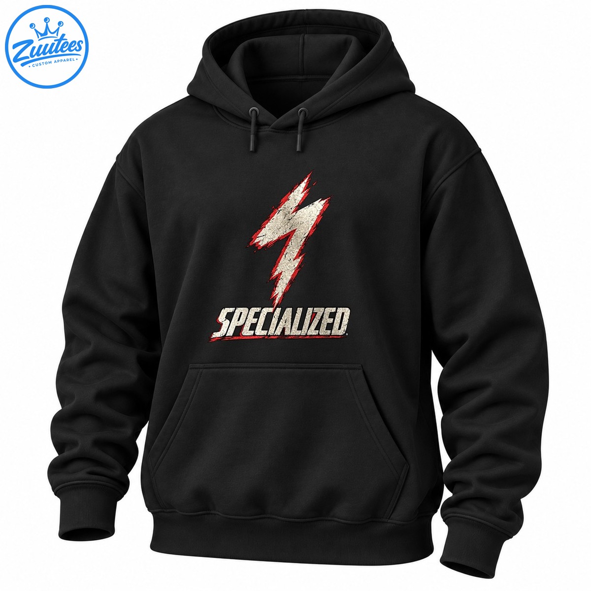Distressed cream lightning bolt with red and black accents above bold SPECIALIZED lettering Distressed cream lightning bolt with red and black accents above bold SPECIALIZED lettering