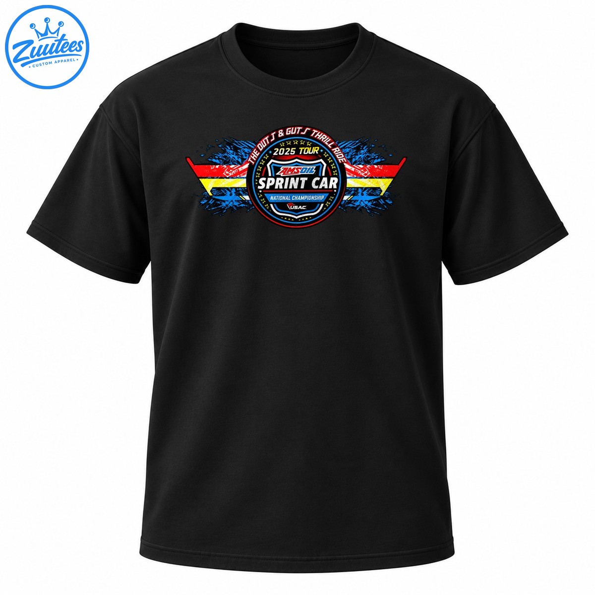 Vintage sprint car championship graphic with a circular badge, distressed red yellow and blue stripes, stars, and racing lettering Vintage sprint car championship graphic with a circular badge, distressed red yellow and blue stripes, stars, and racing lettering