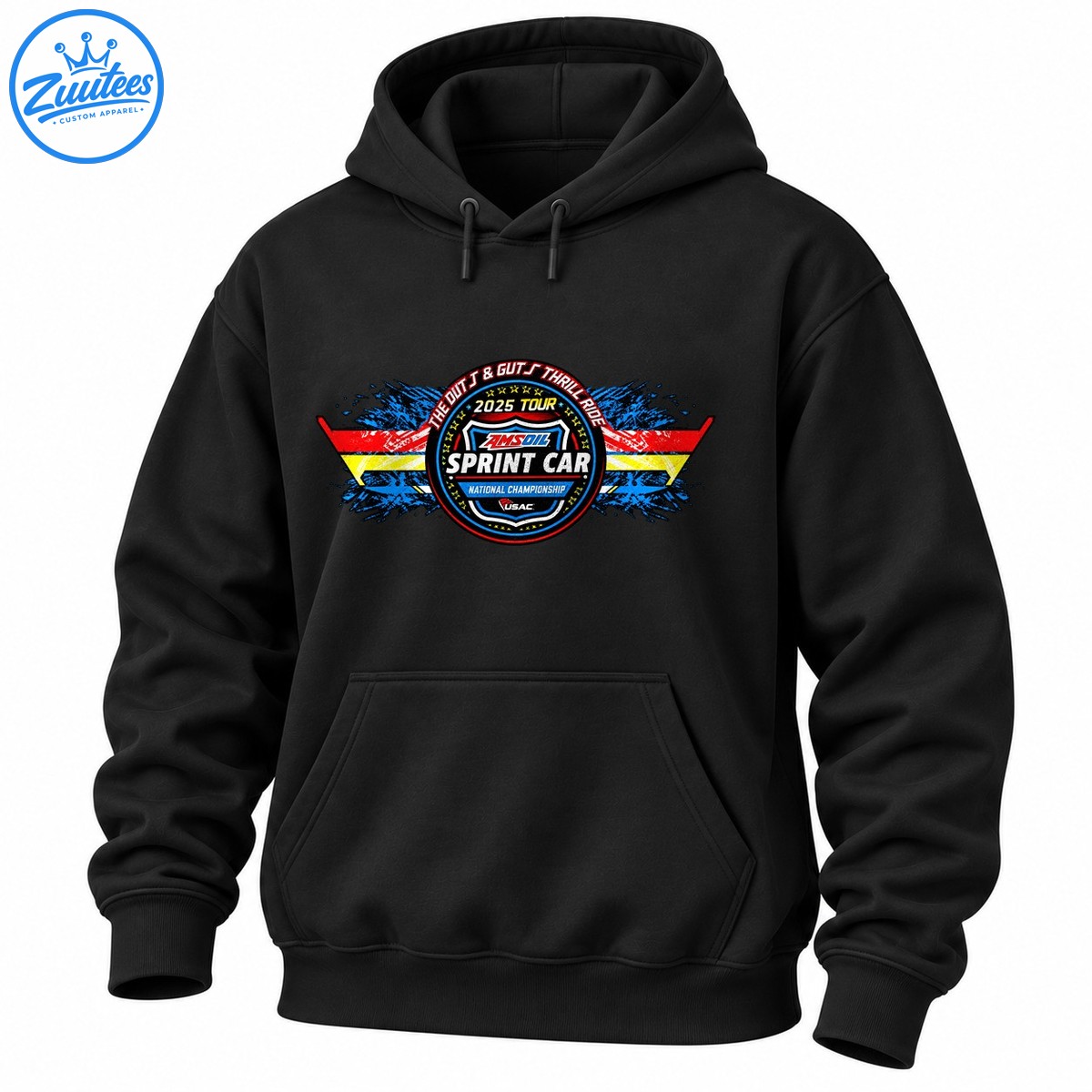 Vintage sprint car championship graphic with a circular badge, distressed red yellow and blue stripes, stars, and racing lettering Vintage sprint car championship graphic with a circular badge, distressed red yellow and blue stripes, stars, and racing lettering
