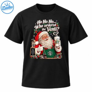 Vintage Christmas Santa wearing a green apron and holding a coffee cup with festive lettering and holly
