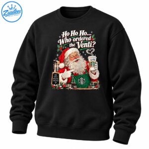 Vintage Christmas Santa wearing a green apron and holding a coffee cup with festive lettering and holly