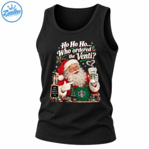 Vintage Christmas Santa wearing a green apron and holding a coffee cup with festive lettering and holly