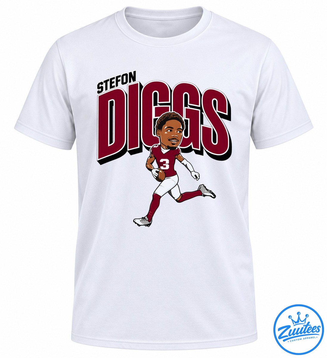 Stefon Diggs football graphic with oversized burgundy lettering and a cartoon player in a maroon number 3 uniform Stefon Diggs football graphic with oversized burgundy lettering and a cartoon player in a maroon number 3 uniform