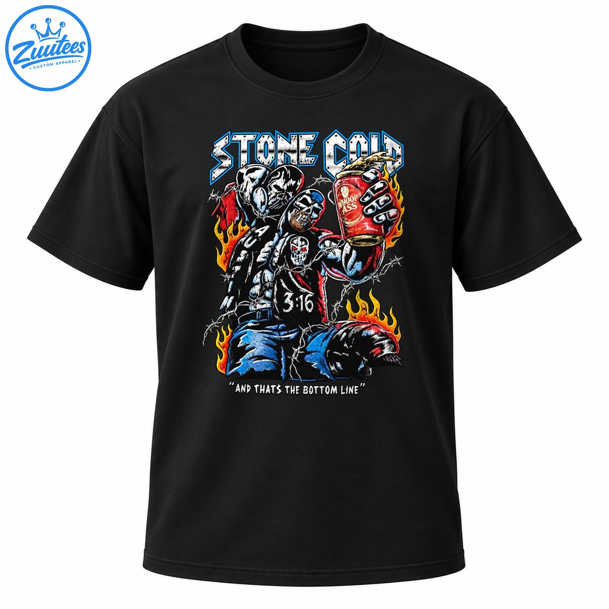 Stone Cold 3:16 skull faced wrestler graphic with flames, barbed wire, metallic lettering, and a red can Stone Cold 3:16 skull-faced wrestler graphic with flames, barbed wire, metallic lettering, and a red can