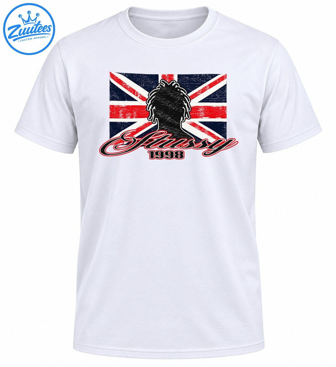 Dreadlocked figure silhouette over a distressed red white and navy Union Jack with Stussy script and 1998 Dreadlocked figure silhouette over a distressed red white and navy Union Jack with Stussy script and 1998