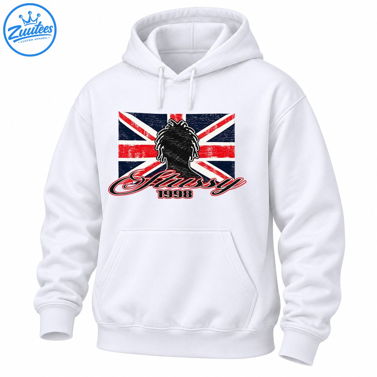 Dreadlocked figure silhouette over a distressed red white and navy Union Jack with Stussy script and 1998 Dreadlocked figure silhouette over a distressed red white and navy Union Jack with Stussy script and 1998