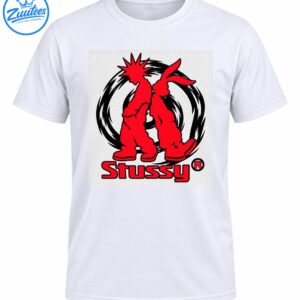 Red spiky-haired cartoon figure and rabbit-eared character inside a black brushstroke circle with red Stussy lettering