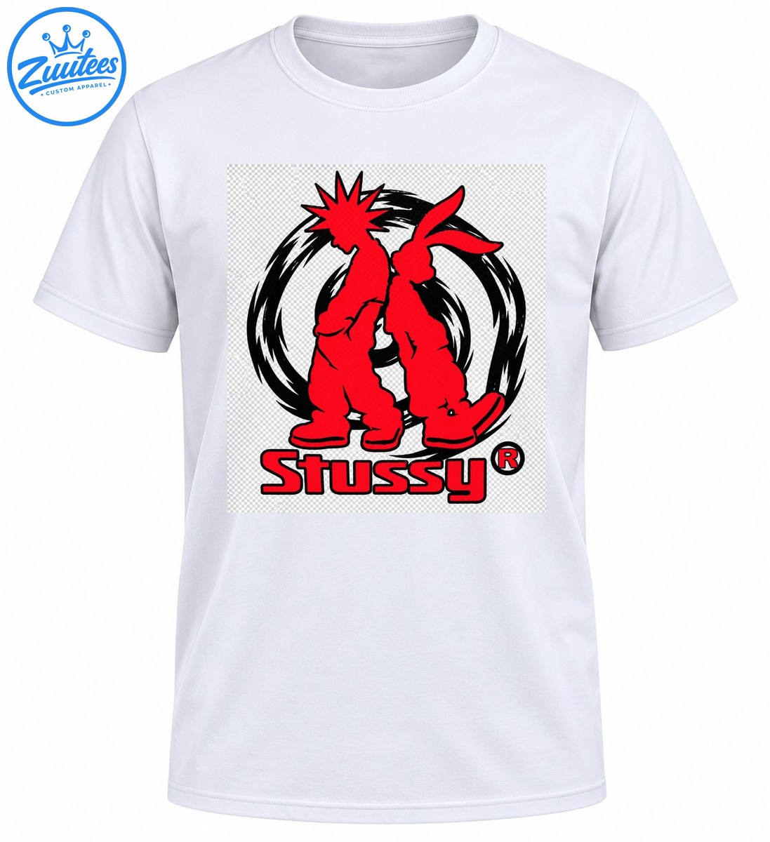Red spiky haired cartoon figure and rabbit eared character inside a black brushstroke circle with red Stussy lettering Red spiky-haired cartoon figure and rabbit-eared character inside a black brushstroke circle with red Stussy lettering