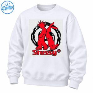 Red spiky-haired cartoon figure and rabbit-eared character inside a black brushstroke circle with red Stussy lettering