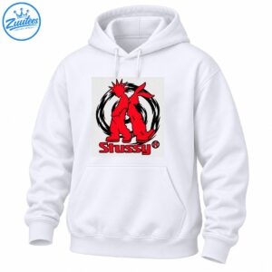 Red spiky-haired cartoon figure and rabbit-eared character inside a black brushstroke circle with red Stussy lettering
