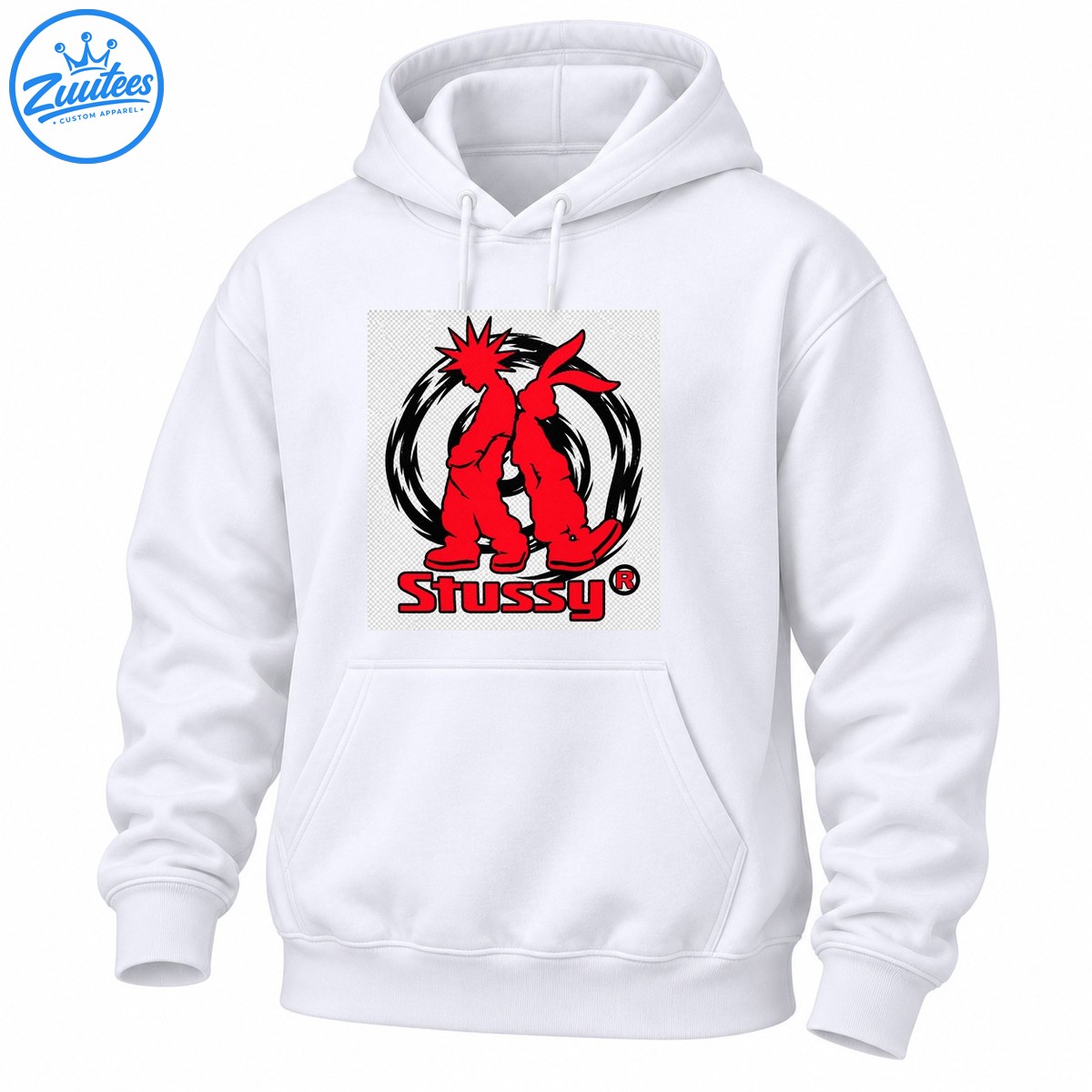 Red spiky haired cartoon figure and rabbit eared character inside a black brushstroke circle with red Stussy lettering Red spiky-haired cartoon figure and rabbit-eared character inside a black brushstroke circle with red Stussy lettering