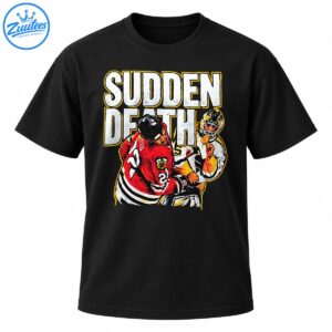 Sudden Death hockey graphic featuring distressed white lettering and two colliding players in red, white, black, and gold uniforms