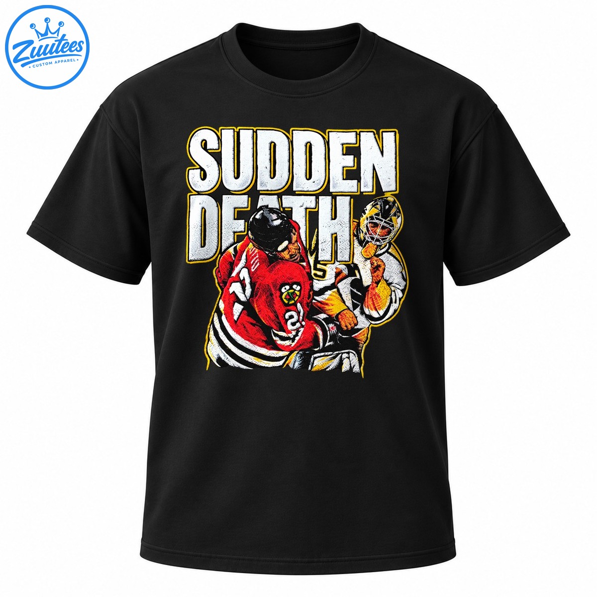 Sudden Death hockey graphic featuring distressed white lettering and two colliding players in red, white, black, and gold uniforms Sudden Death hockey graphic featuring distressed white lettering and two colliding players in red, white, black, and gold uniforms