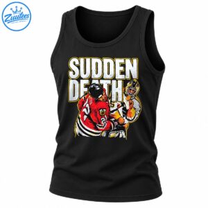 Sudden Death hockey graphic featuring distressed white lettering and two colliding players in red, white, black, and gold uniforms