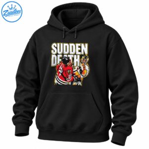 Sudden Death hockey graphic featuring distressed white lettering and two colliding players in red, white, black, and gold uniforms