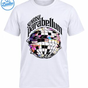 Sunrise Parabellum graphic with blackletter text and a warped checkerboard disco ball in colorful glitch effects