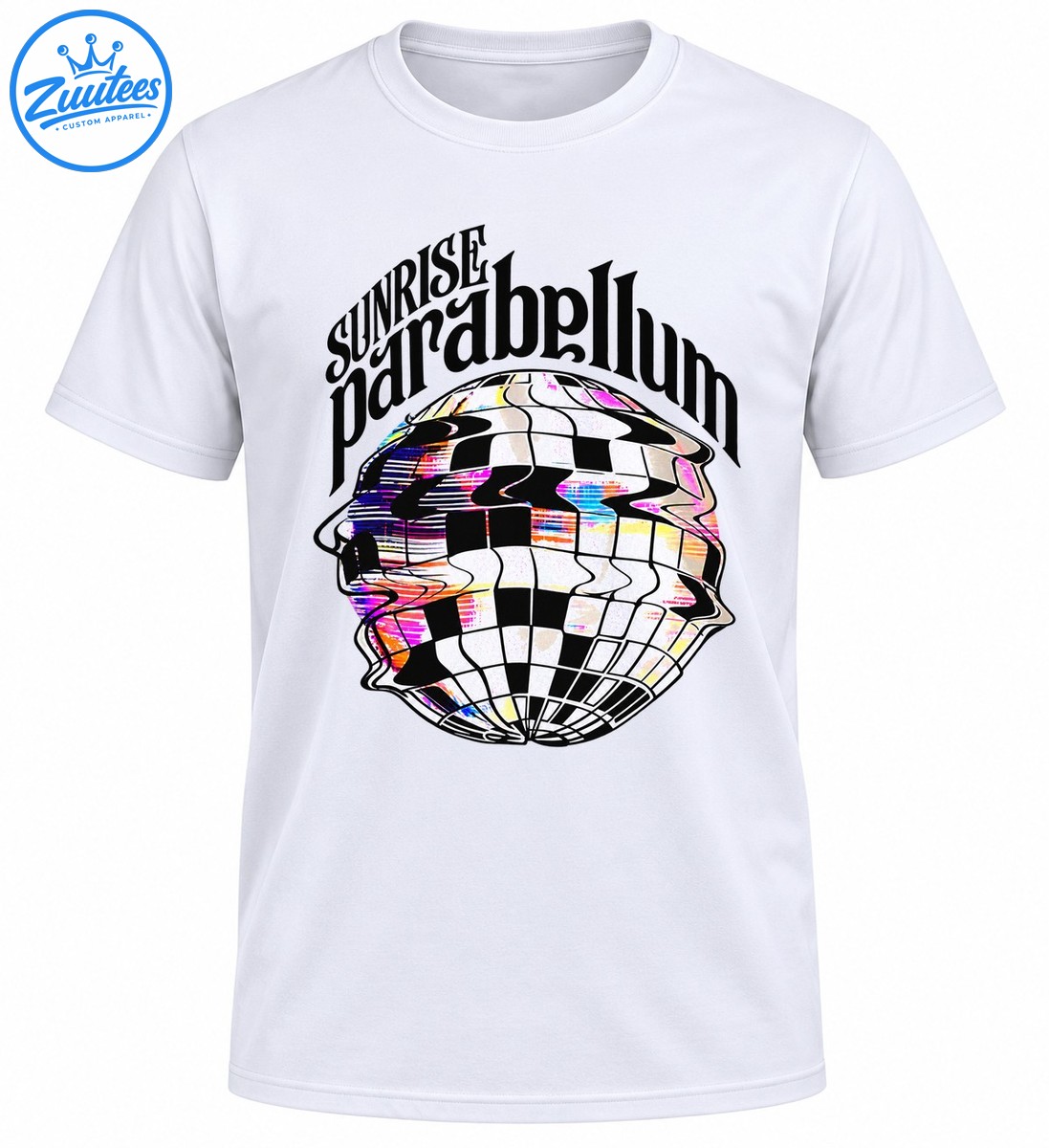 Sunrise Parabellum graphic with blackletter text and a warped checkerboard disco ball in colorful glitch effects Sunrise Parabellum graphic with blackletter text and a warped checkerboard disco ball in colorful glitch effects