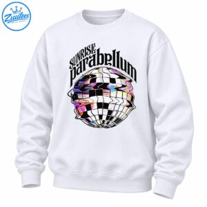 Sunrise Parabellum graphic with blackletter text and a warped checkerboard disco ball in colorful glitch effects