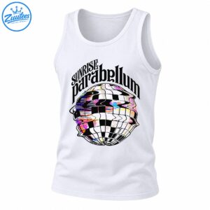 Sunrise Parabellum graphic with blackletter text and a warped checkerboard disco ball in colorful glitch effects