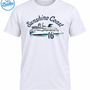 Sunshine Coast 16 vintage nautical shirt graphic featuring a navy, white and teal cruise ship with retro lettering