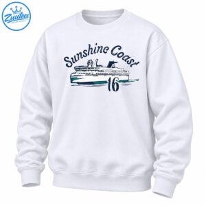 Sunshine Coast 16 vintage nautical shirt graphic featuring a navy, white and teal cruise ship with retro lettering