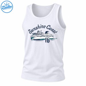 Sunshine Coast 16 vintage nautical shirt graphic featuring a navy, white and teal cruise ship with retro lettering