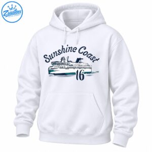 Sunshine Coast 16 vintage nautical shirt graphic featuring a navy, white and teal cruise ship with retro lettering