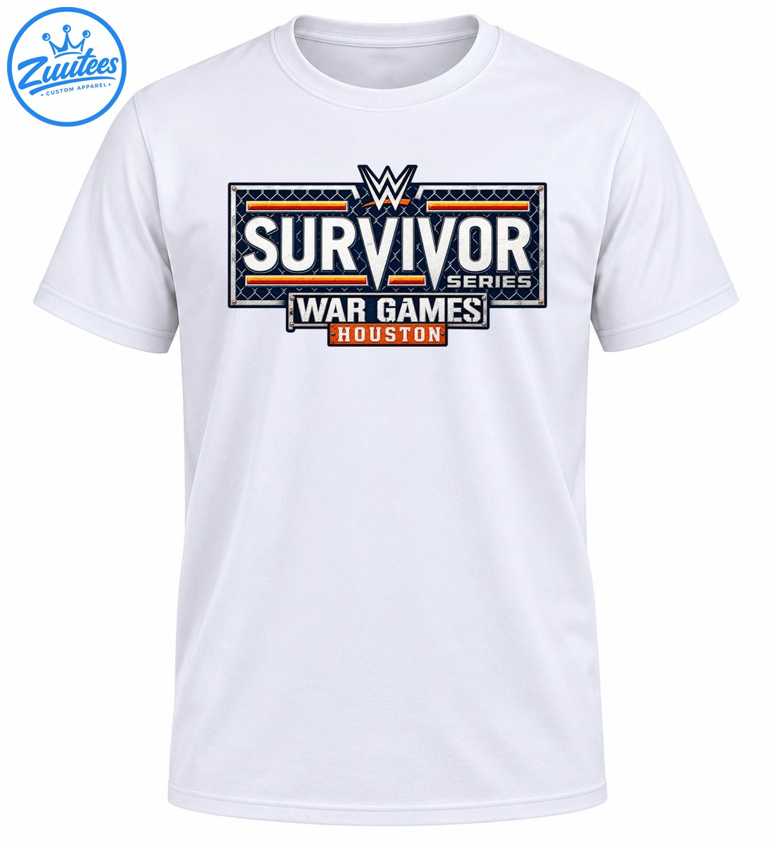 Survivor Series War Games Houston graphic featuring distressed silver lettering, chain link fencing, and orange red accents Survivor Series War Games Houston graphic featuring distressed silver lettering, chain-link fencing, and orange-red accents