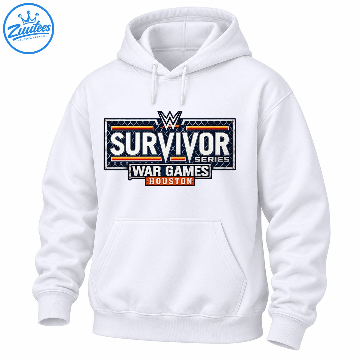 Survivor Series War Games Houston graphic featuring distressed silver lettering, chain link fencing, and orange red accents Survivor Series War Games Houston graphic featuring distressed silver lettering, chain-link fencing, and orange-red accents