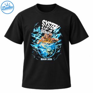 System Of A Down graphic with distressed white lettering, a fiery hand over Earth, blue lightning, and EWUK 2026 text
