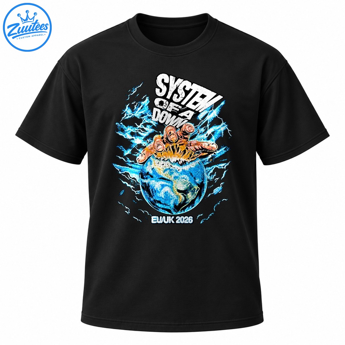 System Of A Down graphic with distressed white lettering, a fiery hand over Earth, blue lightning, and EWUK 2026 text System Of A Down graphic with distressed white lettering, a fiery hand over Earth, blue lightning, and EWUK 2026 text