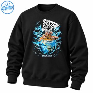 System Of A Down graphic with distressed white lettering, a fiery hand over Earth, blue lightning, and EWUK 2026 text