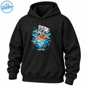 System Of A Down graphic with distressed white lettering, a fiery hand over Earth, blue lightning, and EWUK 2026 text