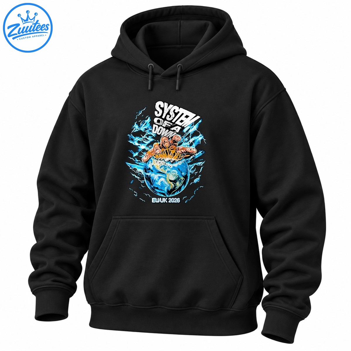 System Of A Down graphic with distressed white lettering, a fiery hand over Earth, blue lightning, and EWUK 2026 text System Of A Down graphic with distressed white lettering, a fiery hand over Earth, blue lightning, and EWUK 2026 text