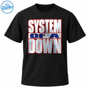 System of a Down logo with distressed silver-white lettering, red outlines, and navy blue accents