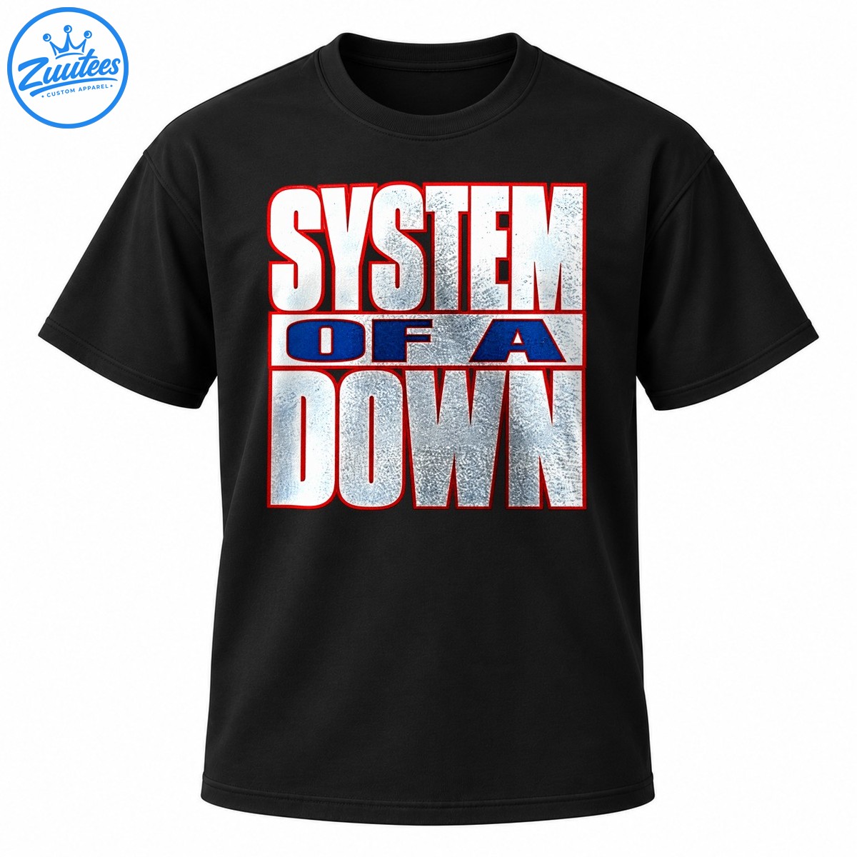 System of a Down logo with distressed silver white lettering, red outlines, and navy blue accents System of a Down logo with distressed silver-white lettering, red outlines, and navy blue accents